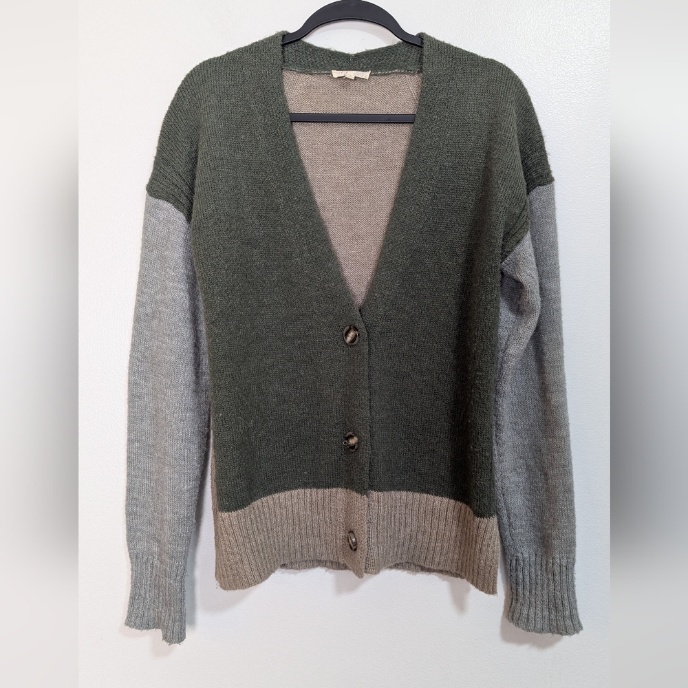Mystree Wool Blend Green Gray Brown Color Block Button Front‎ Cardigan Sweater